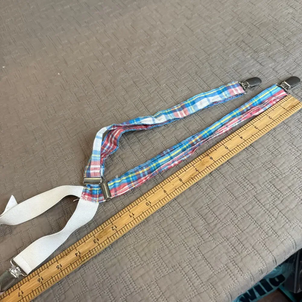 Toddler Boy Suspenders Blue Red Yellow White Plaid Preppy Easter